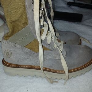 Stylish Gray and Tan Lace-Up Boots